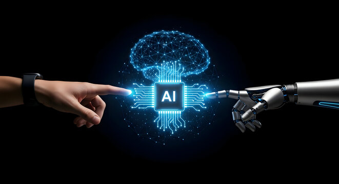 Human intelligence connects with advanced AI technology, symbolizing digital transformation and future innovation in a stunning visual.