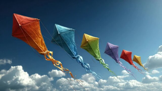 Colorful kites soaring in a vibrant blue sky filled with fluffy white clouds