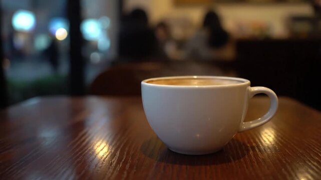 A steaming cup of coffee rests on a polished wooden table in a dimly lit cafe setting.