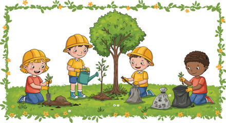children, planting, tree, nature, environment, teamwork, safety, helmet, gloves, outdoor, garden, green, shovel, watering, activity, education, cleanup, park, illustration, sustainability