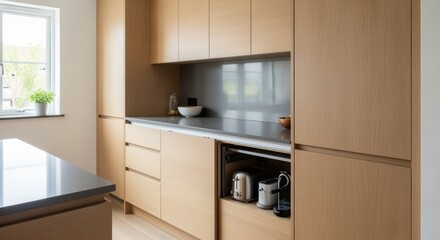 Modern kitchen design with sleek, light wood cabinets creating a serene and minimalist space, perfect for a contemporary home, interior design inspiration