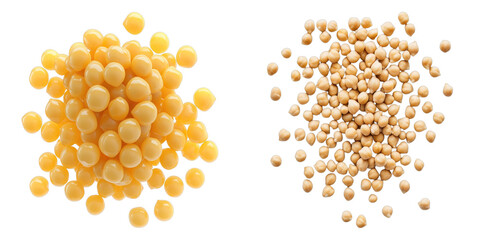 A collection of food ingredients, including golden-yellow and tan granules, ready for culinary use. The granules offer a delightful combination of textures, perfect for adding depth to recipes