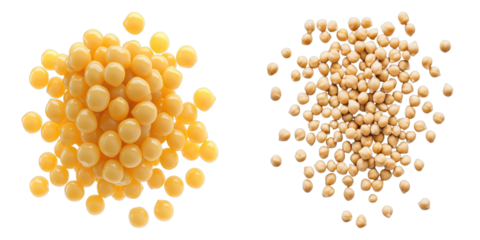 A collection of food ingredients, including golden-yellow and tan granules, ready for culinary use. The granules offer a delightful combination of textures, perfect for adding depth to recipes