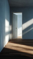 Fototapeta premium A minimalist interior featuring a doorway with soft light illuminating the wall and floor, creating a serene atmosphere perfect for architectural or design projects.