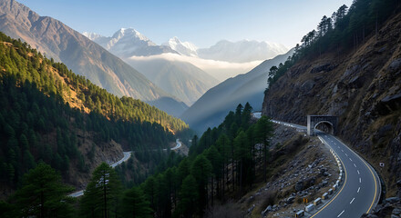 Winding road snakes through the mountainous valley in the Himalayas, surrounded by lush green forests and snowcapped peaks, creating a scenic and breathtaking view.
