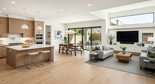 Elegant open concept living space with modern kitchen, dining, and living room areas blending seamlessly for luxurious lifestyle appeal