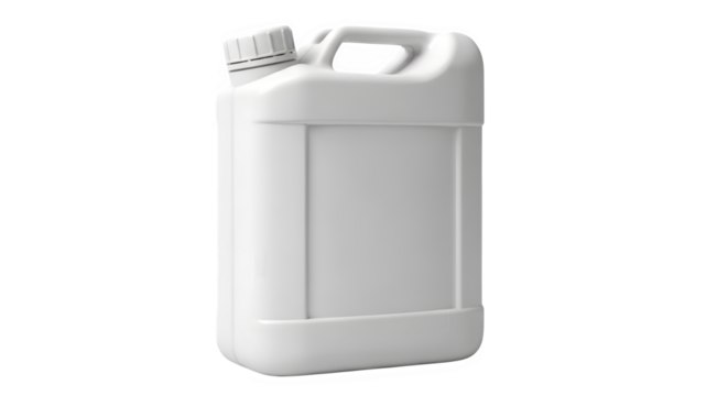 White plastic jerrycan with handle and cap for liquids isolated on transparent background