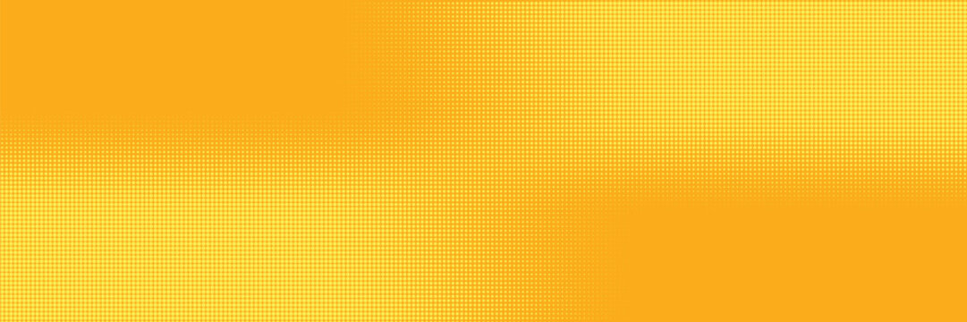 Yellow halftone pattern. Retro comic gradient background. Bright orange pixelated dotted texture overlay. Cartoon pop art faded gradient pattern. Vector backdrop for poster, banner, advertisement