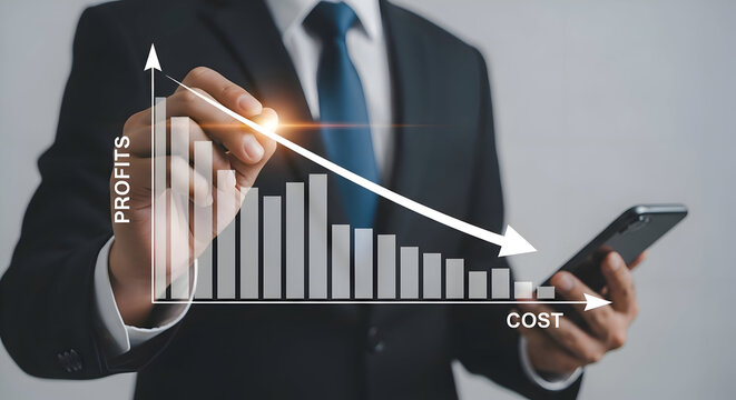 Professional businessman analyzing declining profits and rising costs on a digital graph, strategizing financial future with mobile device