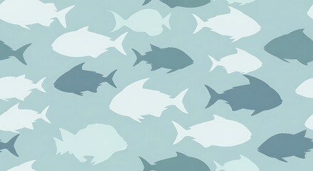 Silhouettes of fish swim in a repeating pattern on light blue textured paper, creating a calming underwater scene.
