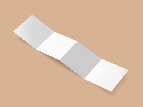 4 Fold Accordion Brochure Mockup. Vector white blank square four panel accordion fold opened on white background. Concertina fold, leaflet, brochure, booklet, flyer or invitation card mockup. 