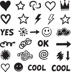 Hand drawn doodle icons and symbols collection: hearts, stars, arrows, lightning bolts, text, emoticons, crown, clouds, and swirls. isolated on white background, Vector, illustration