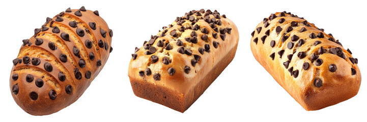 Delicious loaves of freshly baked chocolate chip bread. A trio of tasty treats, perfect for any occasion.