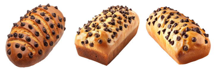 Delicious loaves of freshly baked chocolate chip bread. A trio of tasty treats, perfect for any occasion.