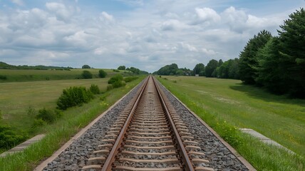 Obraz premium Straight Railroad Tracks Stretching into the Distance on a Cloudy Day