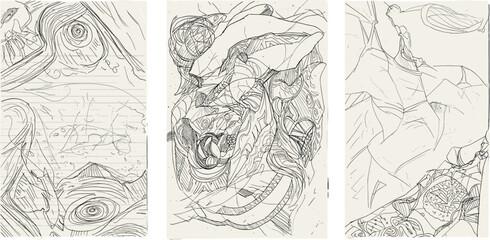 Fototapeta premium Abstract sketch icon vector set—spiral, anatomical, and floating forms with musical and cosmic motifs for conceptual compositions 