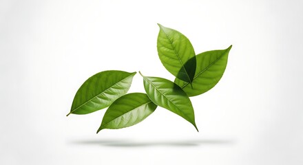 Obraz premium Isolated fresh green leaves floating on a light background evoking renewal, growth and vitality.