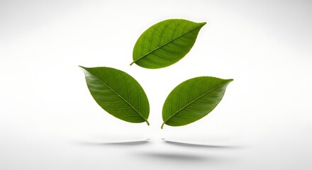 Fototapeta premium Three vibrant green leaves artfully float in a minimalist composition over white.