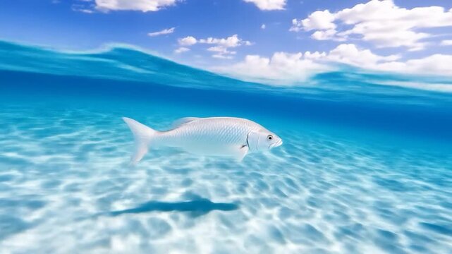 Fish swimming underwater ocean split view above below water level clear tropical sea blue sky clouds sunny day marine life nature environment