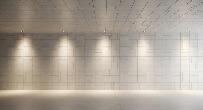 Minimalist wall and ceiling interior with seamless geometric texture, soft ambient lighting, and natural stone finish, reflecting modern architectural balance