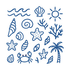 Summer Vacation Elements Doodle with Sea and Beach Icon Set
