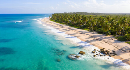 Tropical paradise beach landscape with turquoise ocean water, white sand, and blue sky for summer travel vacation