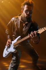 Obraz premium Male guitarist performing with intensity and focus in orange light beams. Concept of creative advertising, motivational campaigns, emotional health, and music education visuals.