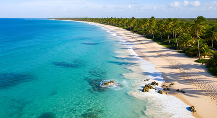 Tropical paradise beach view with clear blue ocean water, white sand, and summer sky