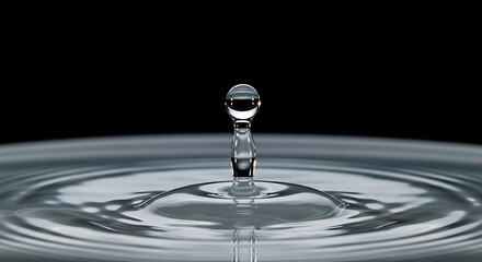 Water droplet splashes into a calm pool creating ripples on a dark surface, showing the beauty of physics and fluid dynamics in macro photography.