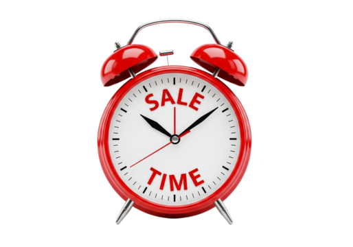A red alarm clock with sale time written on the face, isolated on transparent background