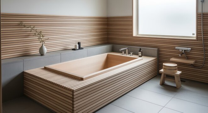 Serene wooden bathtub in modern Japanese bathroom offers ultimate relaxation and spa-like ambiance for luxury wellness spaces - Powered by Adobe