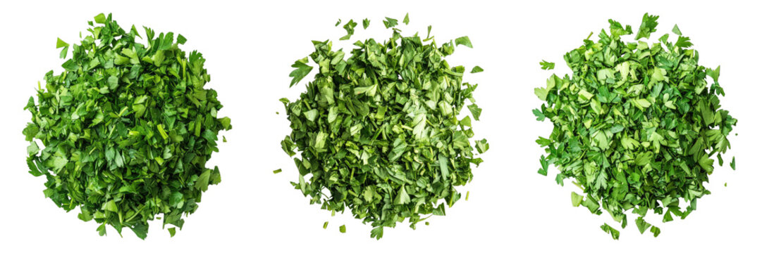 Freshly chopped parsley in three piles, vibrant green color