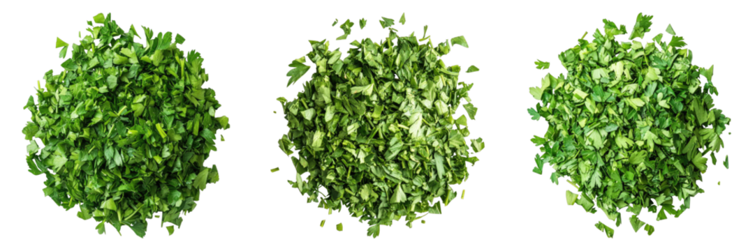 Freshly chopped parsley in three piles, vibrant green color
