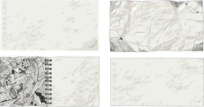 Mixed paper icon vector set—crumpled, illustrated, spiral-bound, and annotated sheets for creative, technical, and artistic compositions