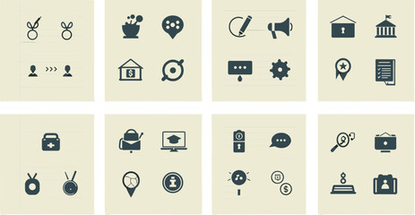 Multi-theme icon vector set—education, finance, healthcare, communication, and location symbols on beige notebook-style panels for UI compositions