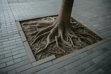 Tree roots sprawling in a brick paved square in city park