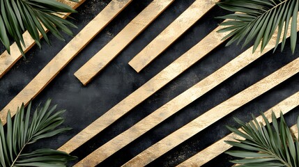 Diagonal golden stripes pattern overlaps a dark background with tropical leaf accents