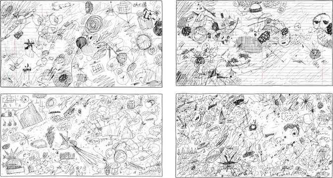 Chaotic doodle notebook icon vector&mdash;lined pages with abstract sketches, cartoon characters, and random objects for creative compositions