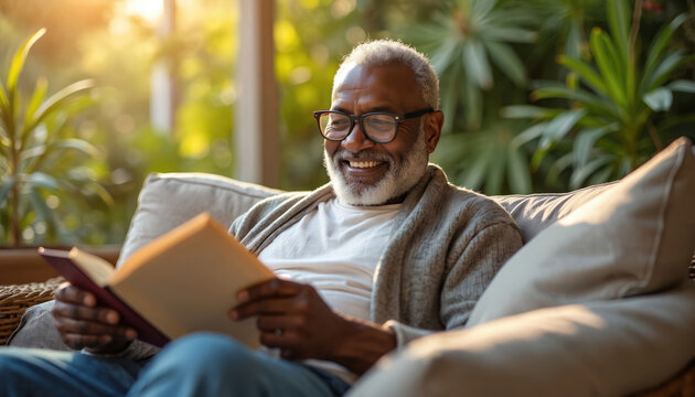 Elderly African American man reads book on sofa near window. He wears glasses and smiles. Cozy home setting with plants, warm natural light.