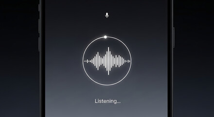 Smartphone displaying voice recognition software on screen with sound waves visualizing audio input for digital assistant feature.