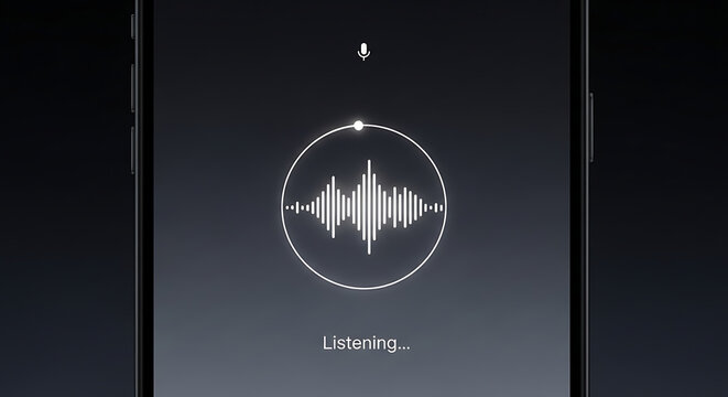 Smartphone displaying voice recognition software on screen with sound waves visualizing audio input for digital assistant feature.