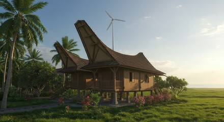 Naklejka premium Traditional elevated wooden dwellings stand amidst lush tropical vegetation with a modern wind turbine nearby