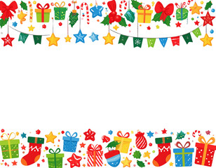 Cute Cartoon Christmas Border with Candy Canes, Stockings, and Colorful Gifts, Vector Style PNG