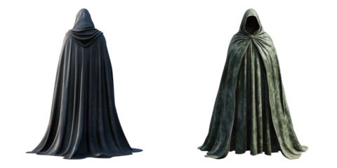 Two cloaks standing side by side, showcasing their textures and folds