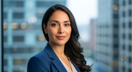 Confident businesswoman in blue blazer looking at camera in modern office with city view, radiating professionalism and success.