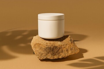 High-quality cosmetic cream jar mockup on natural rock with warm tones, perfect for skincare branding and minimalist product design.
