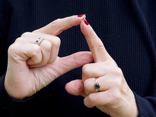 A pair of hands signing the consonant letter 'D' in British Sign Language.BSL.Communication.Hearing Impaired.