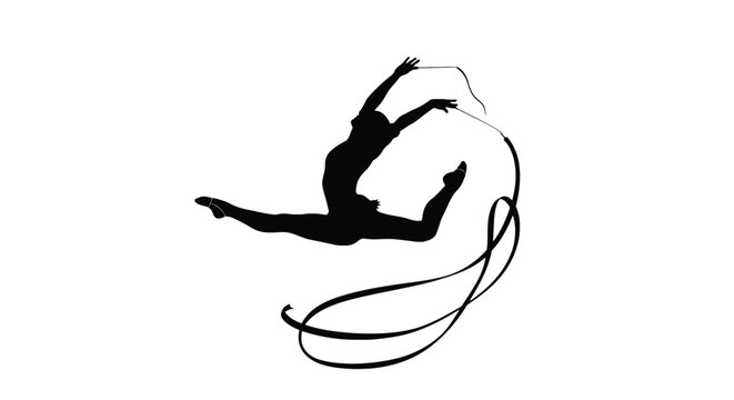 Silhouette of a rhythmic gymnast performing a ribbon routine, showcasing grace, flexibility, and athleticism