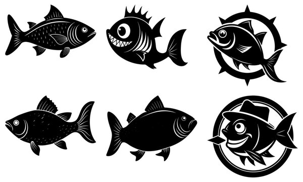 Captivating collection of diverse fish designs, from playful characters to classic silhouettes, perfect for creating memorable branding and engaging visual content.