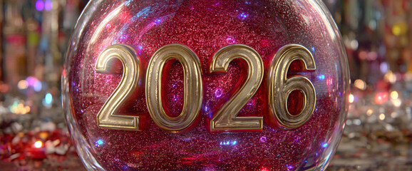Golden 2026 numbers in a sparkling red glitter sphere, surrounded by festive bokeh lights. Ideal for New Year's greetings, future planning, or celebratory designs.